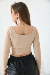 Kadın Kare Yaka Uzun Kollu Crop Bluz Bej - M