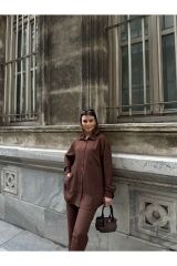 Kadın Pantolonlu Keten Takım Kahverengi - L/XL