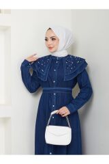 Kadın Yakası Katlı İncili Kot Elbise Lacivert - 38