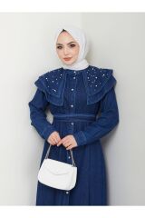 Kadın Yakası Katlı İncili Kot Elbise Lacivert - 38