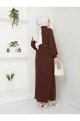 Kadın Kemerli Balıkçı Yaka Elbise Kahverengi - 2XL