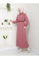 Kadın Kemerli Balıkçı Yaka Elbise PUDRA - L