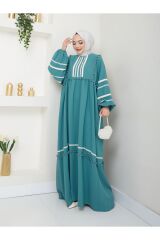 Kadın Şerit İşlemeli Geniş Elbise Turkuaz - 40