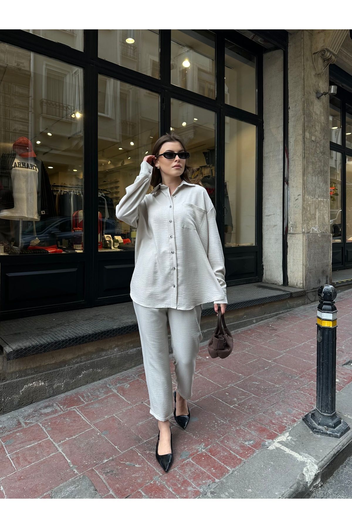 Kadın Pantolonlu Keten Takım Bej - L/XL