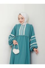 Kadın Şerit İşlemeli Geniş Elbise Turkuaz - 48