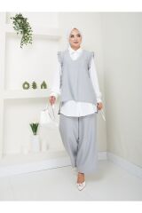 Kadın Trend Kumaş Gömlekli Yelekli 3lü Tesettür Takım Gri - XL
