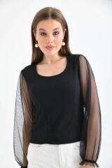Kadın Kolu Tül Detaylı Bluz Siyah - XL