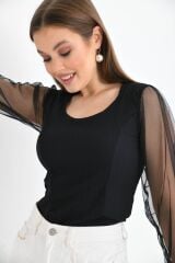 Kadın Kolu Tül Detaylı Bluz Siyah - XL