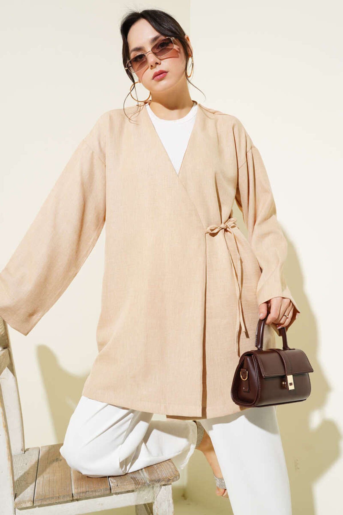 Kadın Yandan İp Bağlamalı Kimono Bej - L/XL
