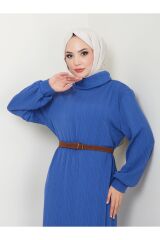 Kadın Kemerli Balıkçı Yaka Elbise Mavi - XL