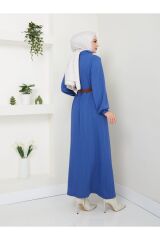 Kadın Kemerli Balıkçı Yaka Elbise Mavi - XL