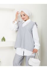 Kadın Trend Kumaş Gömlekli Yelekli 3lü Tesettür Takım Gri - 2XL