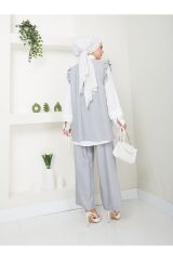 Kadın Trend Kumaş Gömlekli Yelekli 3lü Tesettür Takım Gri - 2XL