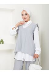 Kadın Trend Kumaş Gömlekli Yelekli 3lü Tesettür Takım Gri - 2XL