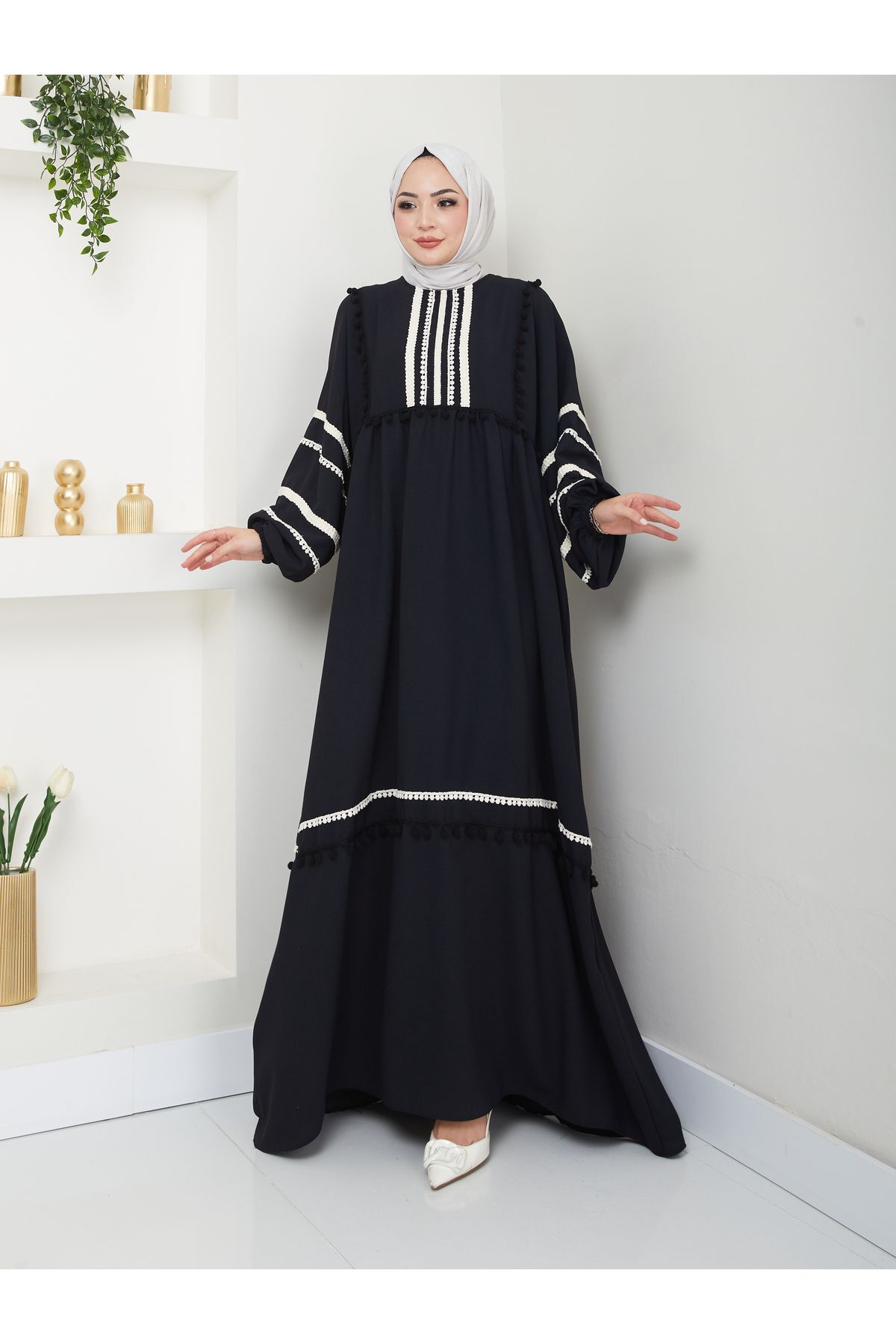 Kadın Şerit İşlemeli Geniş Elbise Siyah - 40