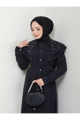 Kadın Yakası Katlı İncili Kot Elbise Siyah - 40