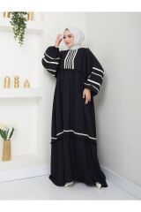 Kadın Şerit İşlemeli Geniş Elbise Siyah - 38