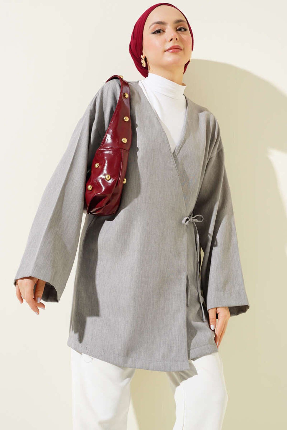 Kadın Yandan İp Bağlamalı Kimono Gri - S/M