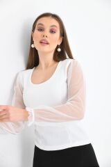 Kadın Kolu Tül Detaylı Bluz Beyaz - XL