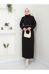 Kadın Kemerli Balıkçı Yaka Elbise Siyah - XL