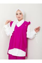Kadın Trend Kumaş Gömlekli Yelekli 3lü Tesettür Takım Fuşya - XL