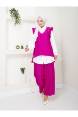 Kadın Trend Kumaş Gömlekli Yelekli 3lü Tesettür Takım Fuşya - XL