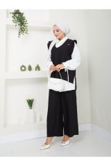 Kadın Trend Kumaş Gömlekli Yelekli 3lü Tesettür Takım Siyah - 2XL