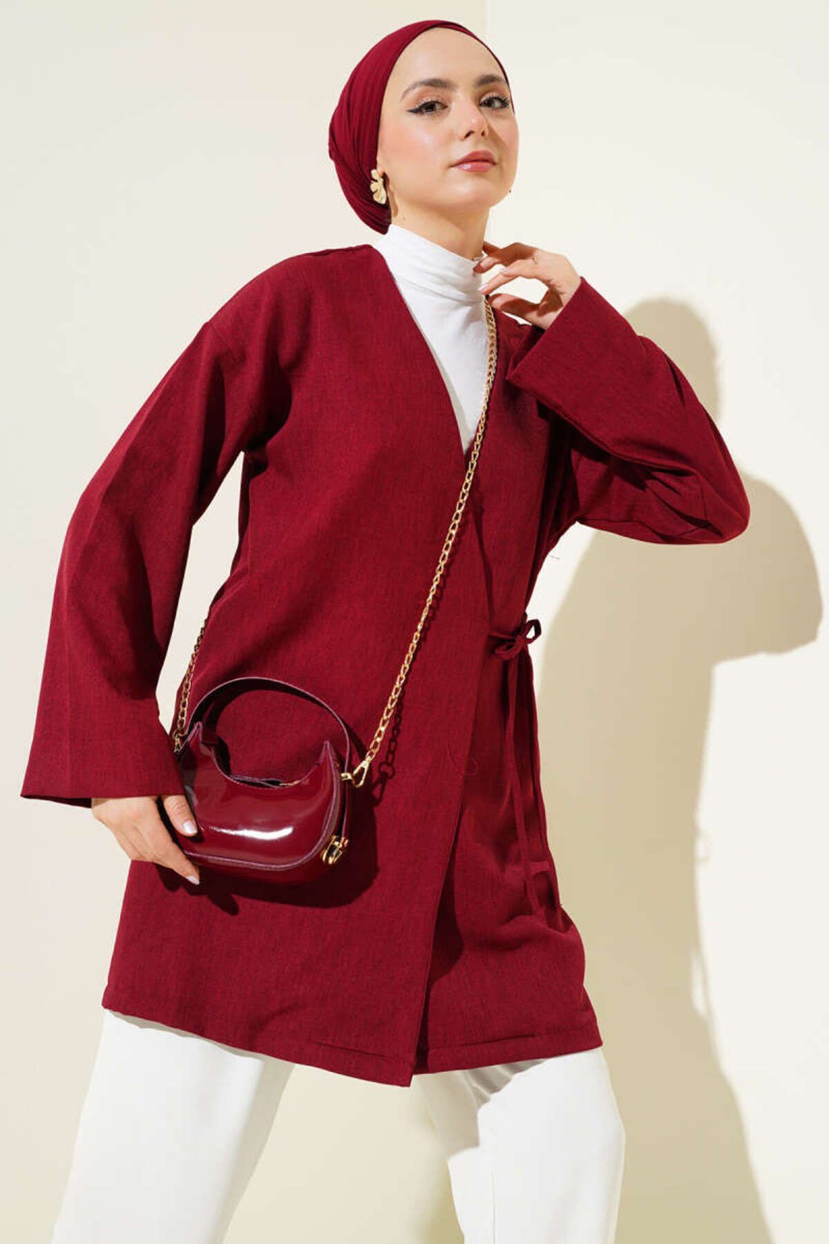 Kadın Yandan İp Bağlamalı Kimono Bordo - L/XL