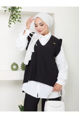 Kadın Trend Kumaş Gömlekli Yelekli 3lü Tesettür Takım Siyah - L