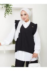 Kadın Trend Kumaş Gömlekli Yelekli 3lü Tesettür Takım Siyah - L