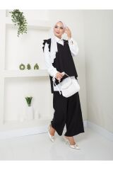 Kadın Trend Kumaş Gömlekli Yelekli 3lü Tesettür Takım Siyah - XL