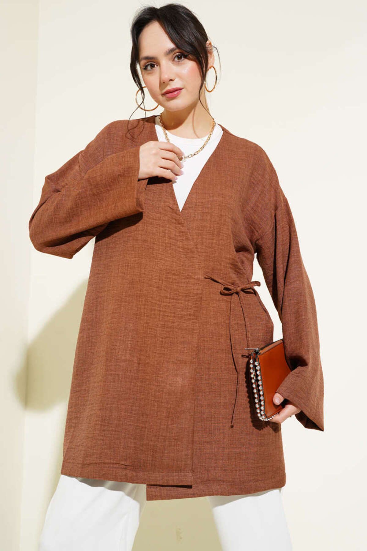 Kadın Yandan İp Bağlamalı Kimono Kahverengi - S/M