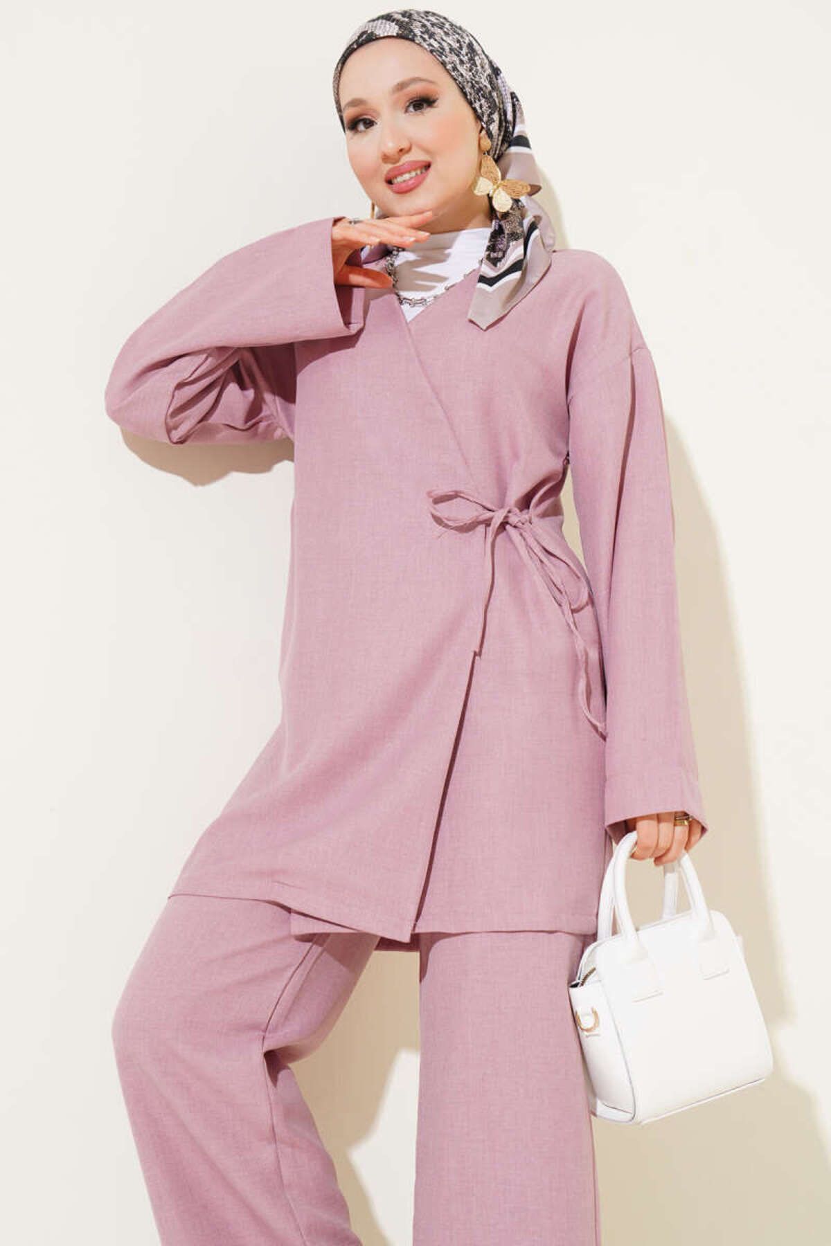 Kadın Yandan Bağlamalı Kimono İkili Takım Pembe - S/M