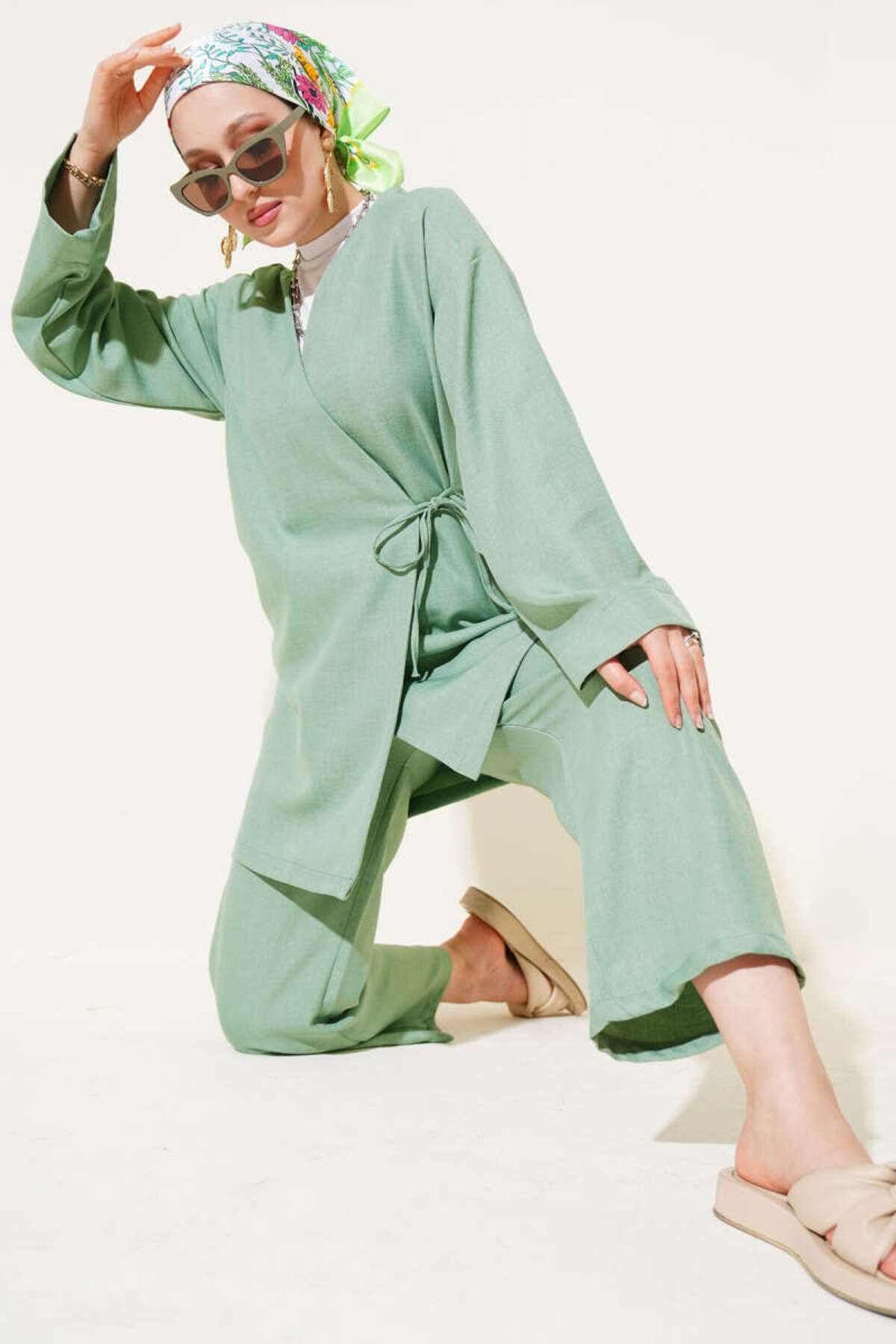 Kadın Yandan Bağlamalı Kimono İkili Takım Mint Yeşili - L/XL
