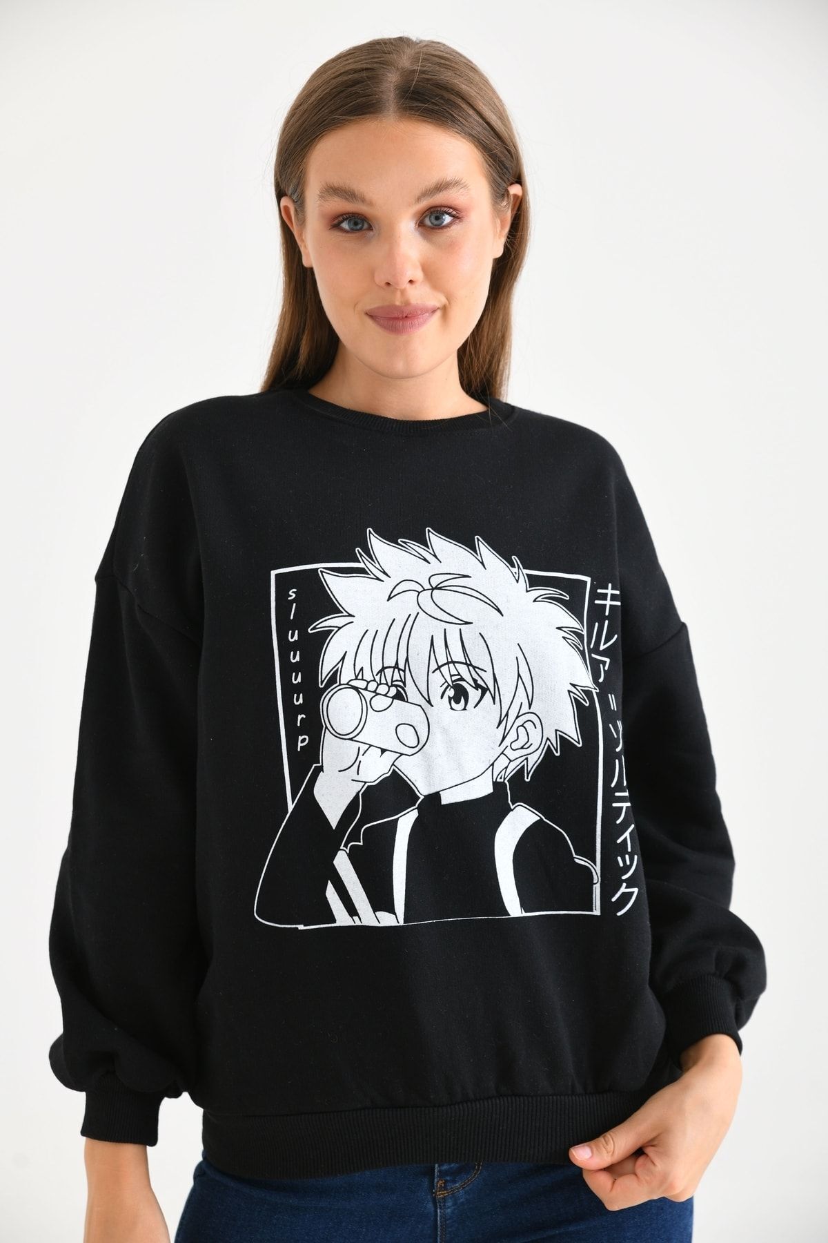 Kadın Anime Baskılı Bisiklet Yaka Sweatshirt