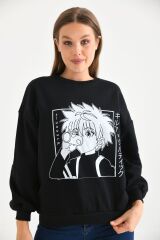 Kadın Anime Baskılı Bisiklet Yaka Sweatshirt