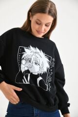 Kadın Anime Baskılı Bisiklet Yaka Sweatshirt