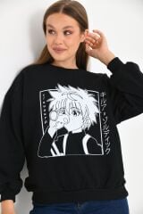 Kadın Anime Baskılı Bisiklet Yaka Sweatshirt