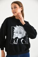 Kadın Anime Baskılı Bisiklet Yaka Sweatshirt Siyah - 40