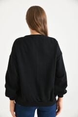Kadın Anime Baskılı Bisiklet Yaka Sweatshirt Siyah - 40