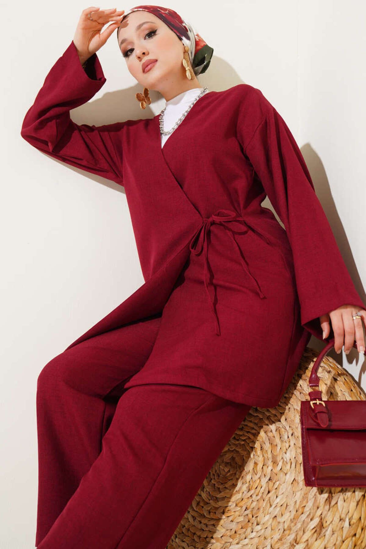 Kadın Yandan Bağlamalı Kimono İkili Takım Bordo - L/XL