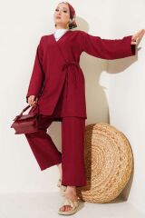 Kadın Yandan Bağlamalı Kimono İkili Takım Bordo - L/XL