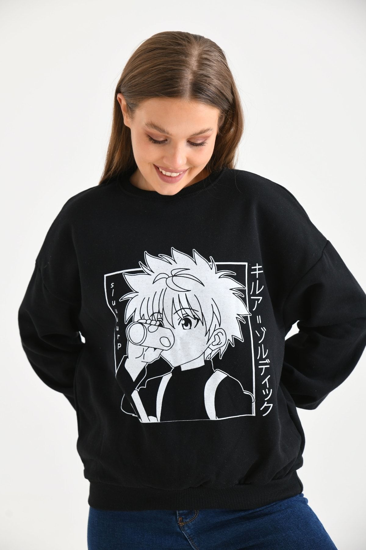 Kadın Anime Baskılı Bisiklet Yaka Sweatshirt Siyah - 38