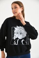Kadın Anime Baskılı Bisiklet Yaka Sweatshirt Siyah - 38
