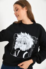 Kadın Anime Baskılı Bisiklet Yaka Sweatshirt Siyah - 38