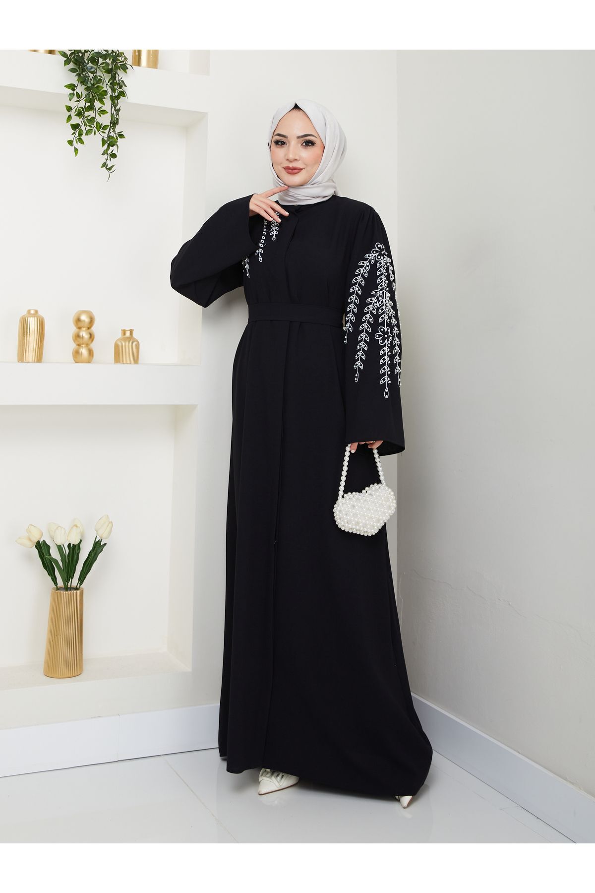 Kadın Yaprak Nakışlı Abaya Ferace Elbise