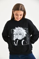 Kadın Anime Baskılı Bisiklet Yaka Sweatshirt Siyah - S
