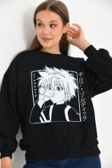 Kadın Anime Baskılı Bisiklet Yaka Sweatshirt Siyah - S