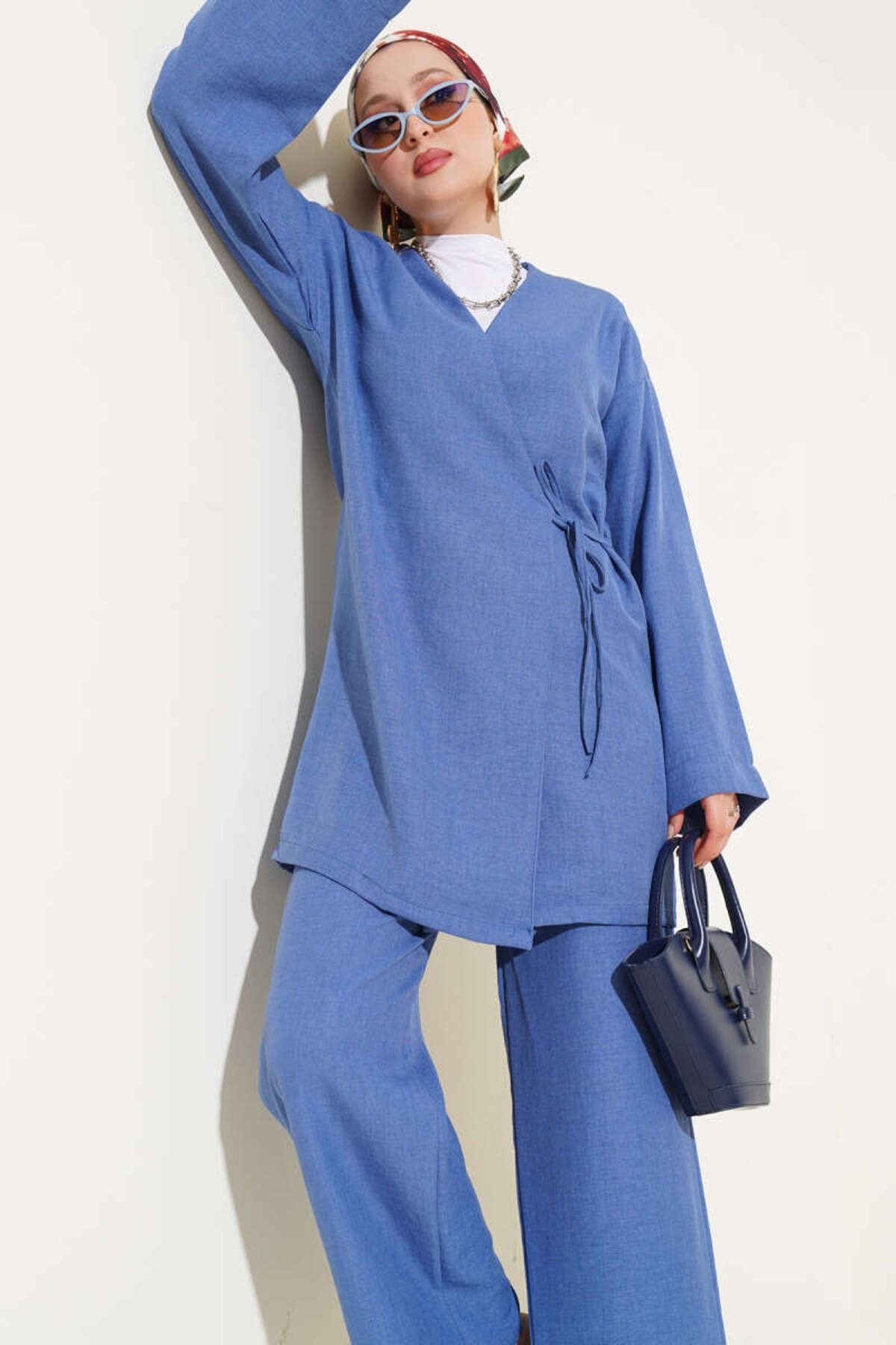 Kadın Yandan Bağlamalı Kimono İkili Takım Mavi - L/XL