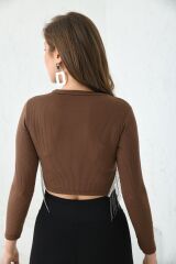Kadın Yanı Zincirli Bisiklet Yaka Crop Bluz Kahverengi - S
